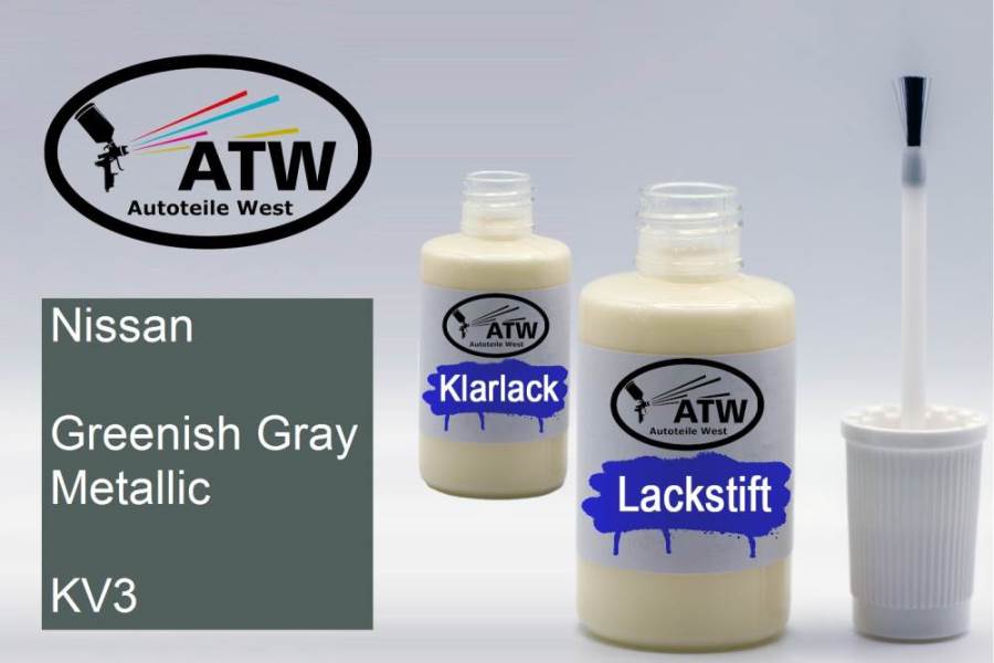 Nissan, Greenish Gray Metallic, KV3: 20ml Lackstift + 20ml Klarlack - Set, von ATW Autoteile West.